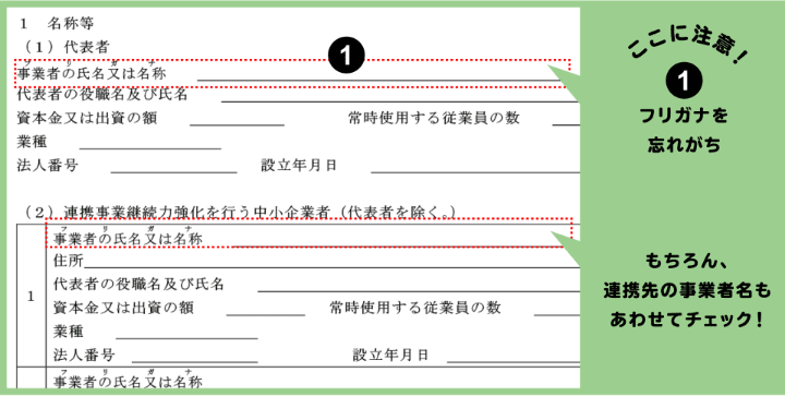 ここに注意！①フリガナを忘れがち もちろん、連携先の事業者名もあわせてチェック！