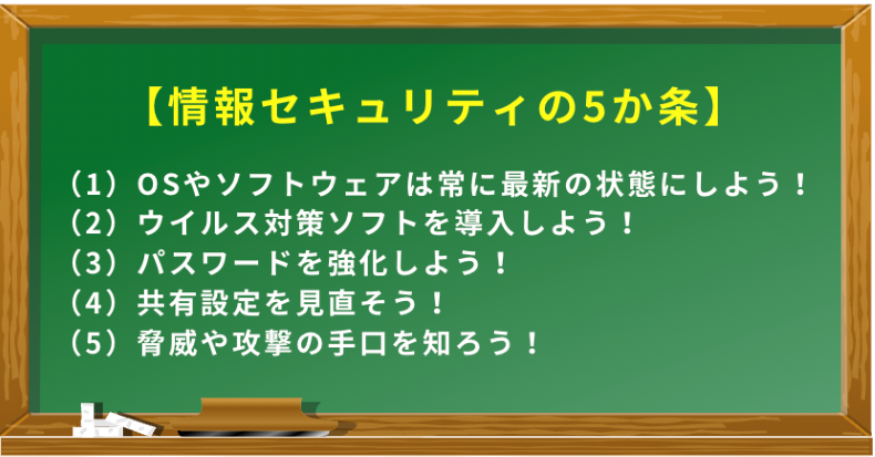 情報セキュリティの5か条 1.OSやソフトウェアは常に最新の状態にしよう！2.ウイルス対策ソフトを導入しよう！3.パスワードを強化しよう！4.共有設定を見直そう！5.脅威や攻撃の手口を知ろう！