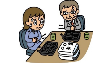 お弁当で食中毒になってしまった男女のイラスト