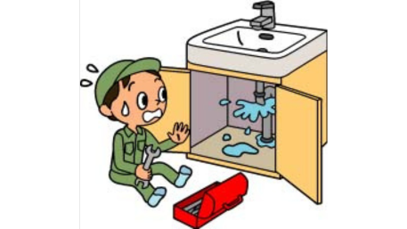 点検中に配管が破損したことに慌てる作業員のイラスト